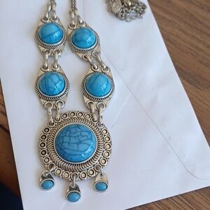 Charming Charlie western look, faux turquoise statement necklace, 16" drop